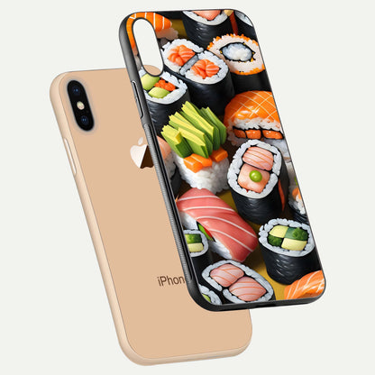 Sushi Food Pattern Glass Case for iPhone Xs floating dual-view mockup displaying gloss and HD pattern