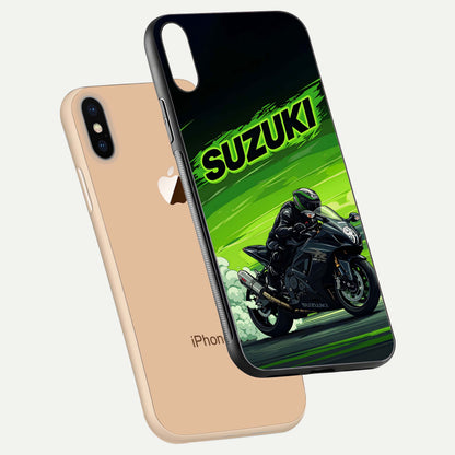 Suzuki Speed Beast Glass Case for iPhone Xs floating dual-view mockup displaying gloss texture and shine