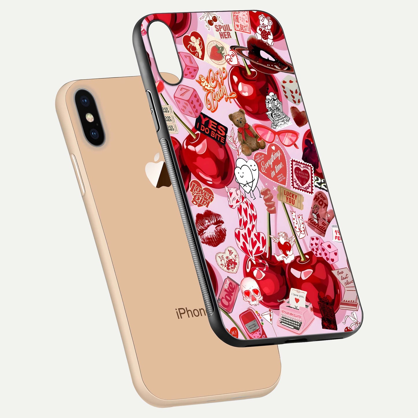 Sweet Cherry Chaos Glass Case for iPhone Xs floating dual-view mockup displaying gloss surface and depth