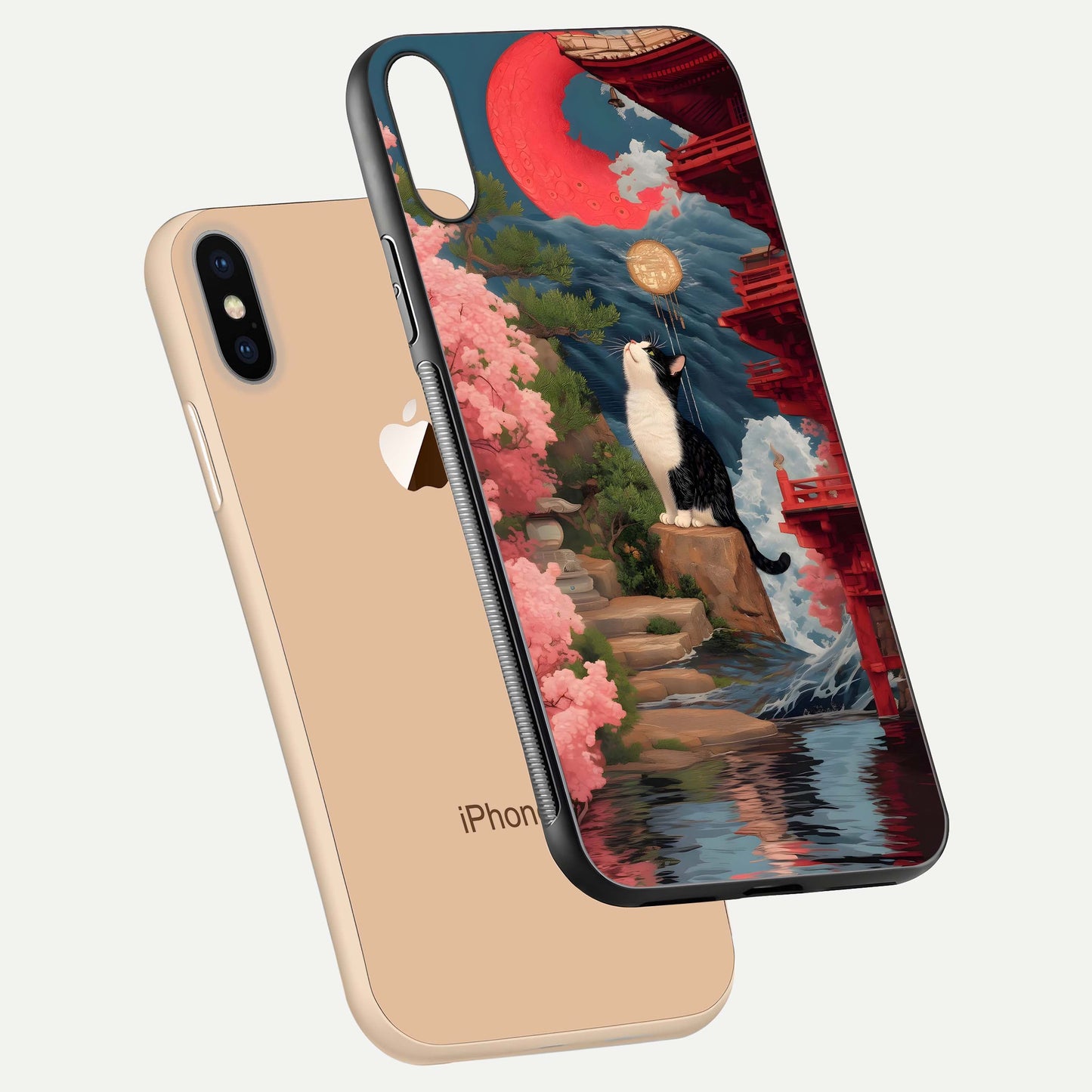 Temple Cat Scenery Glass Case for iPhone Xs floating dual-view mockup displaying gloss and depth detail