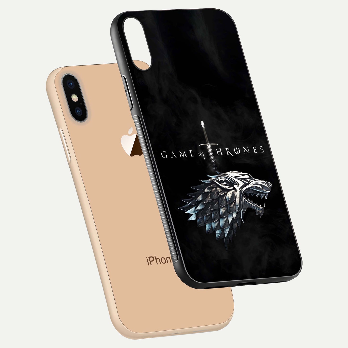 Throne Wolf Legacy Glass Case for iPhone Xs floating dual-view mockup displaying gloss depth and wolf artwork