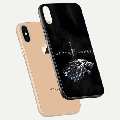 Throne Wolf Legacy Glass Case for iPhone Xs floating dual-view mockup displaying gloss depth and wolf artwork