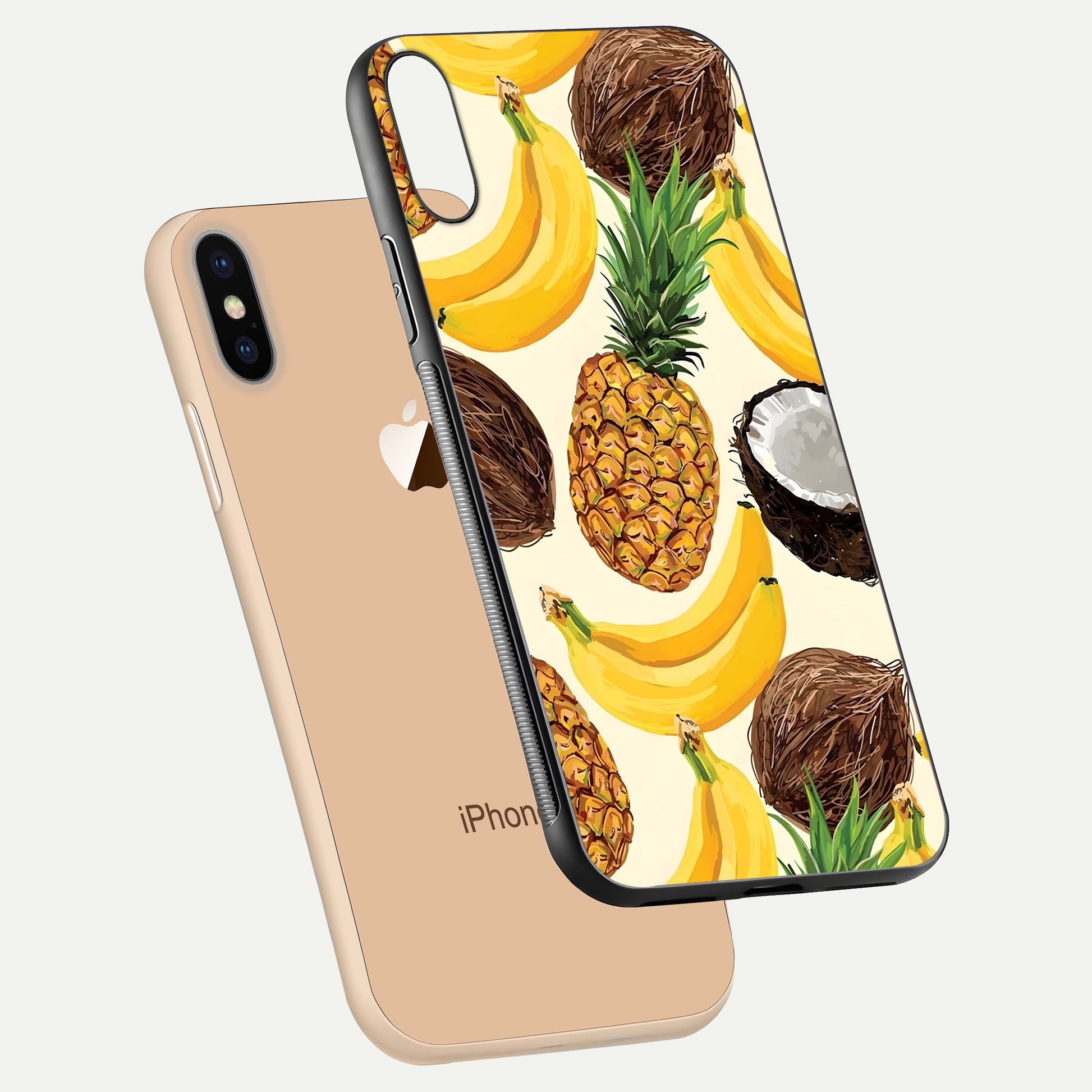 Tropical Fruit Mood Glass Case for iPhone Xs floating dual-view mockup displaying gloss and vibrant colors