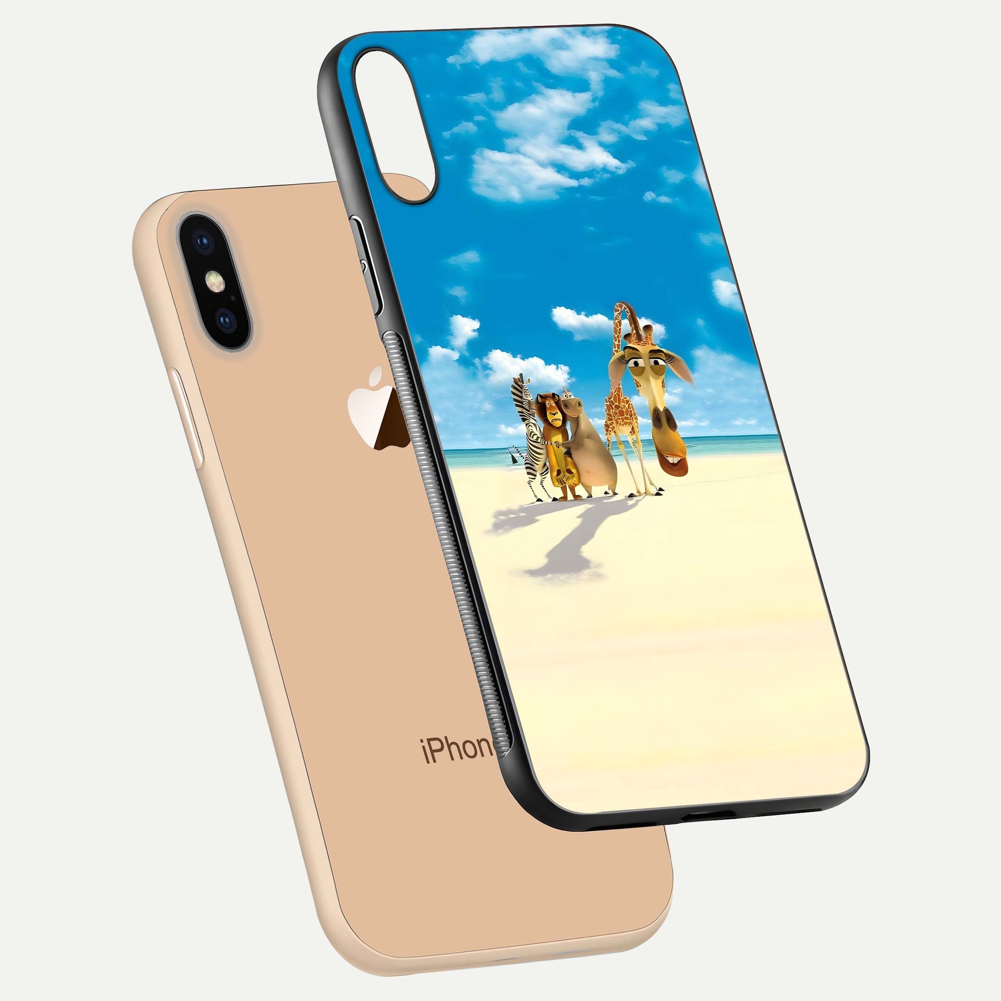 Tropical Fun Squad Glass Case for iPhone Xs floating dual-view mockup displaying gloss reflection and contrast