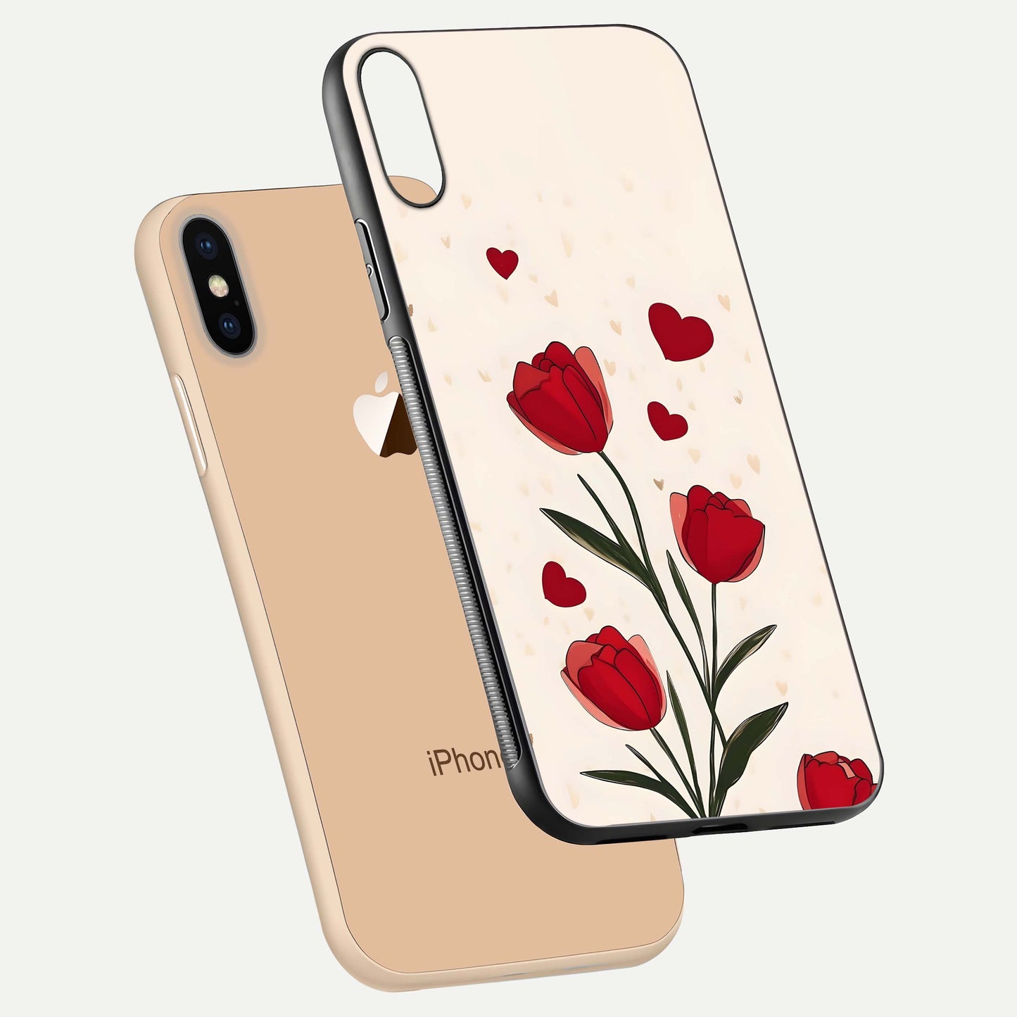 Tulip With Heart Glass Case for iPhone Xs floating dual-view mockup displaying gloss texture and shine