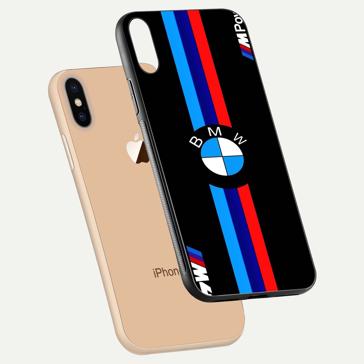Turbo BMW Beast Glass Case for iPhone Xs floating dual-view mockup displaying gloss texture and vivid print