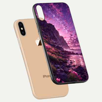 Twilight Blossom Coast Glass Case for iPhone Xs floating dual-view mockup displaying gloss surface and detail