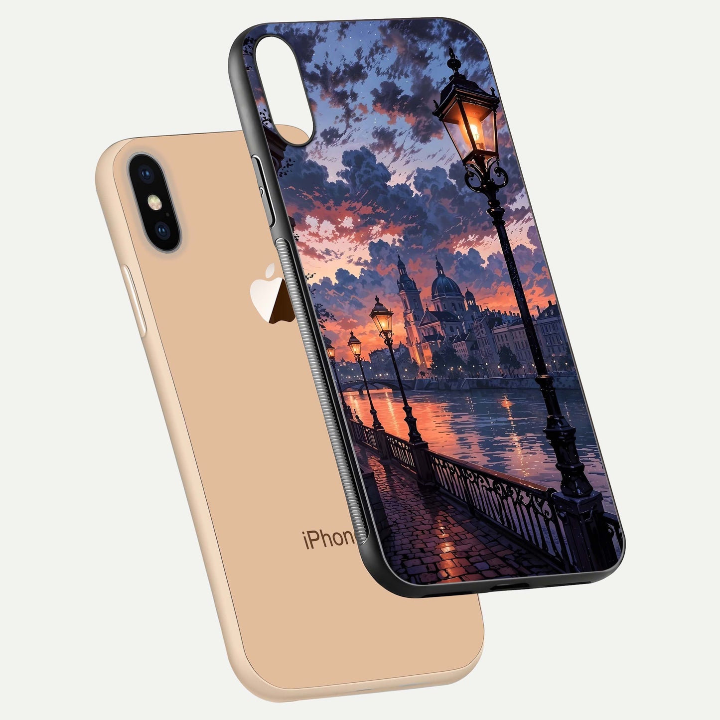 Twilight River Lights Glass Case for iPhone Xs floating dual-view mockup displaying gloss shine and vivid details