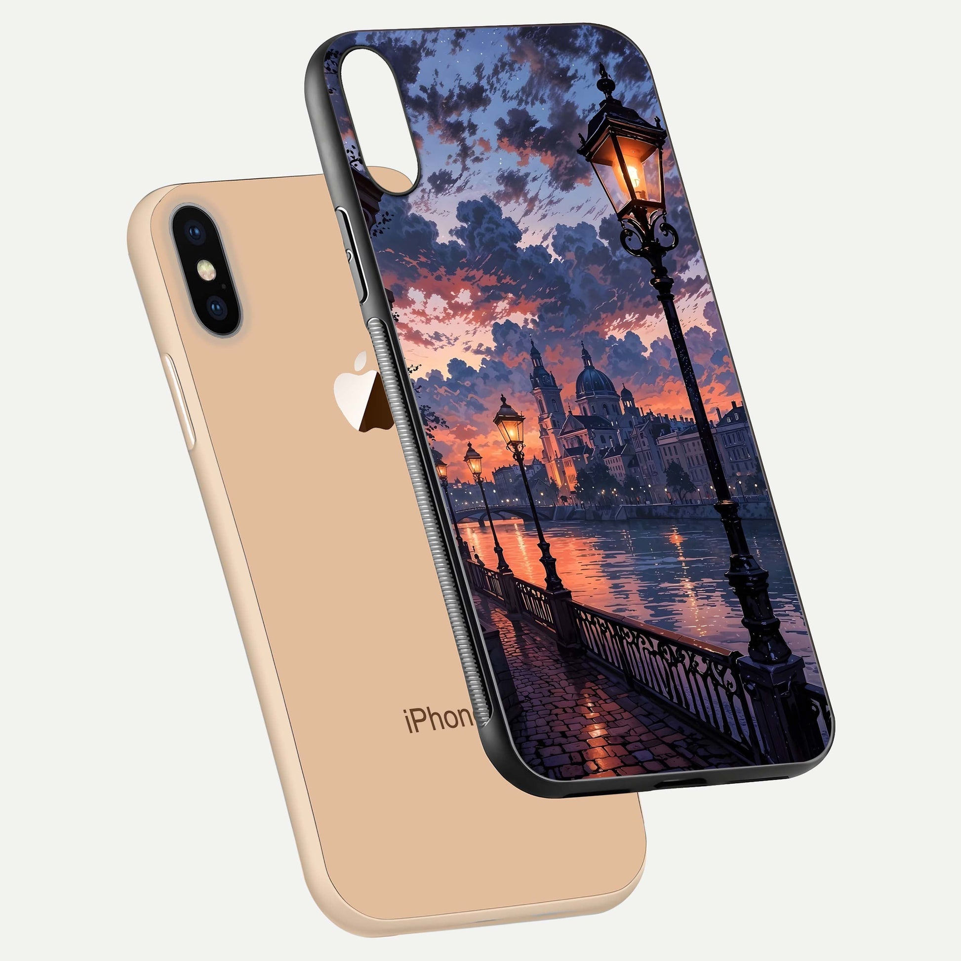 Twilight River Lights Glass Case for iPhone Xs floating dual-view mockup displaying gloss shine and vivid details