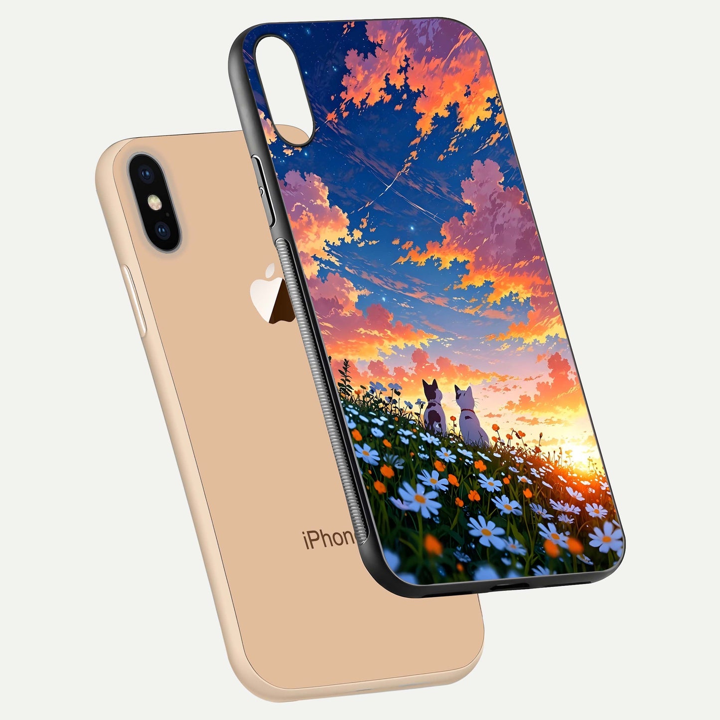 Two Cats Friends Glass Case for iPhone Xs floating dual-view mockup displaying gloss surface and HD print