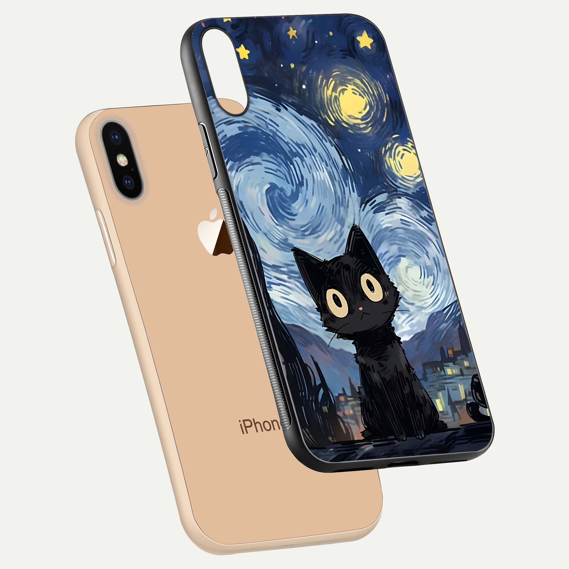 Van Gogh Cat Glass Case for iPhone Xs floating dual-view mockup displaying gloss shine and artistic texture