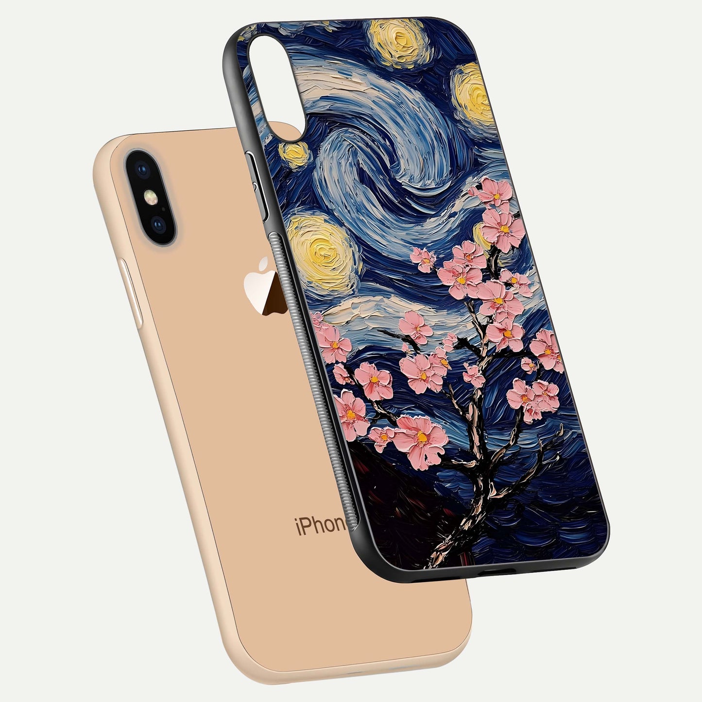 Van Gogh Scenery Glass Case for iPhone Xs floating dual-view mockup displaying gloss reflection and HD quality