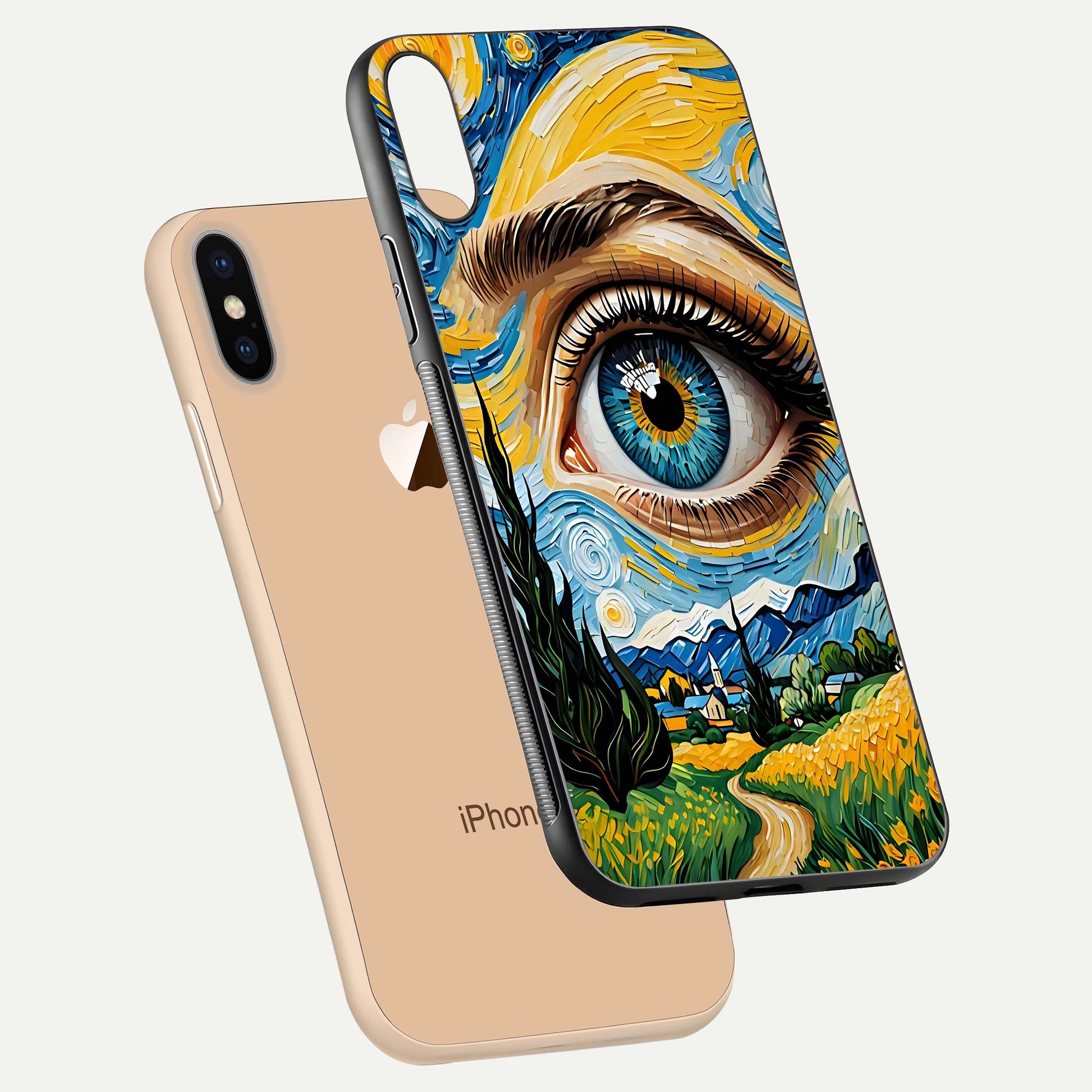 Van Gogh Eye Glass Case for iPhone 16 Pro floating dual-view mockup displaying gloss texture and depth