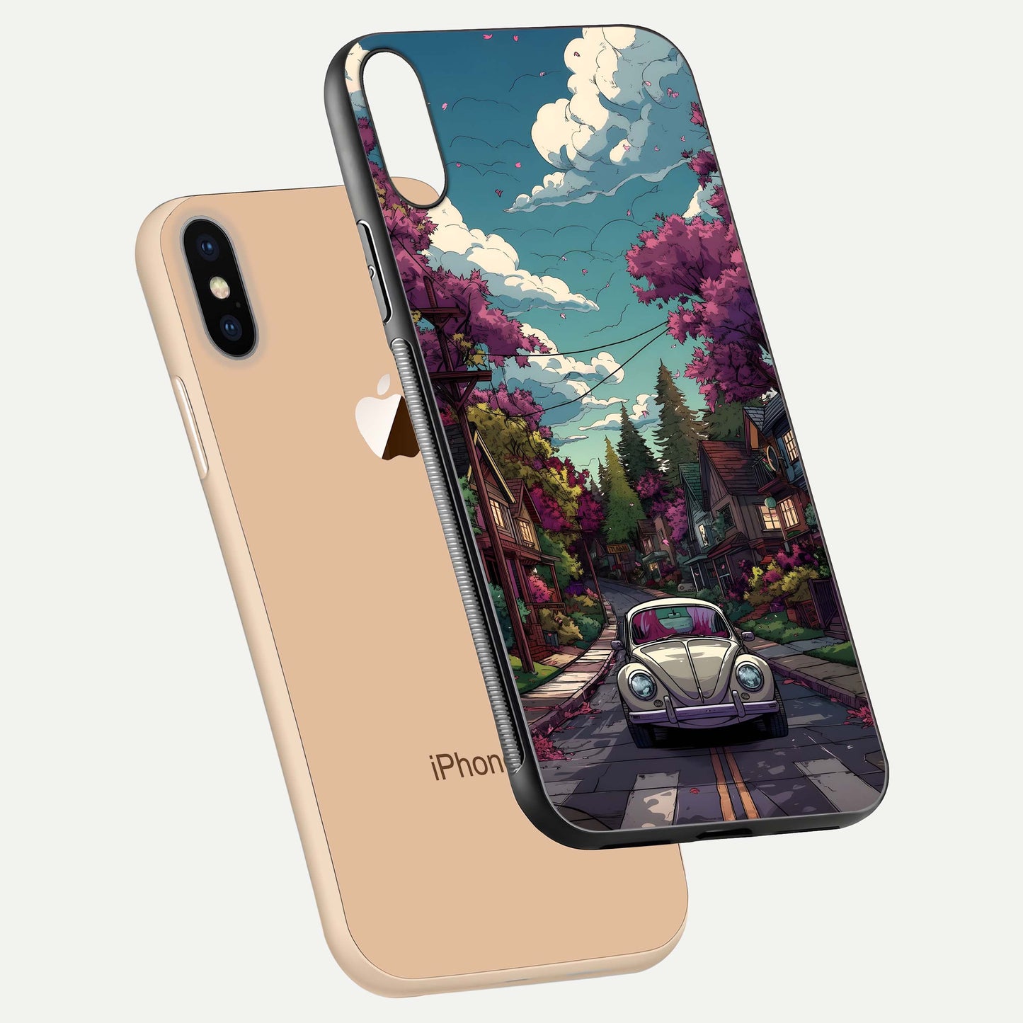 Vintage Street Drive Glass Case for iPhone Xs floating dual-view mockup displaying gloss shine and texture