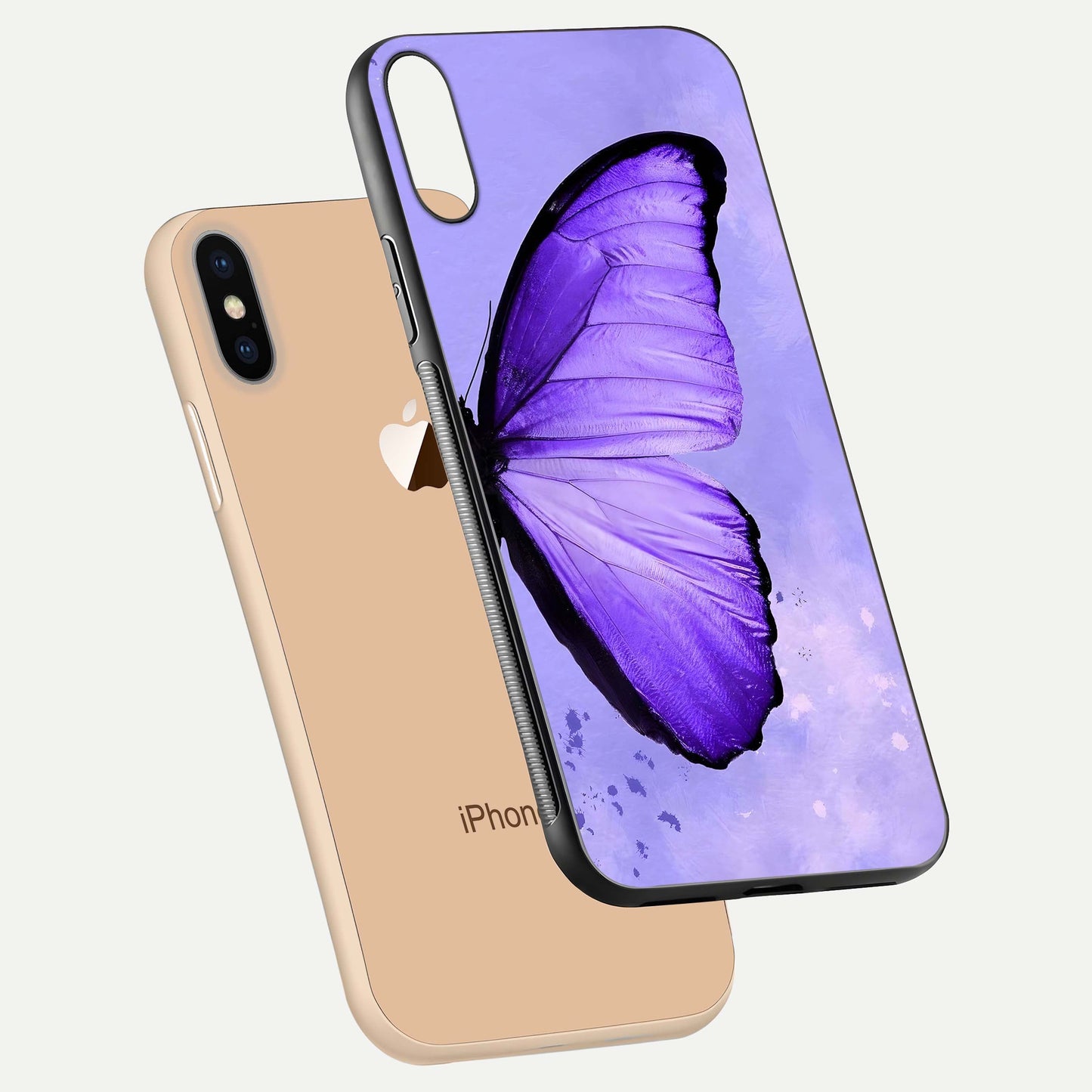 Violet Dream Wing Glass Case for iPhone Xs floating dual-view mockup displaying gloss depth and clarity