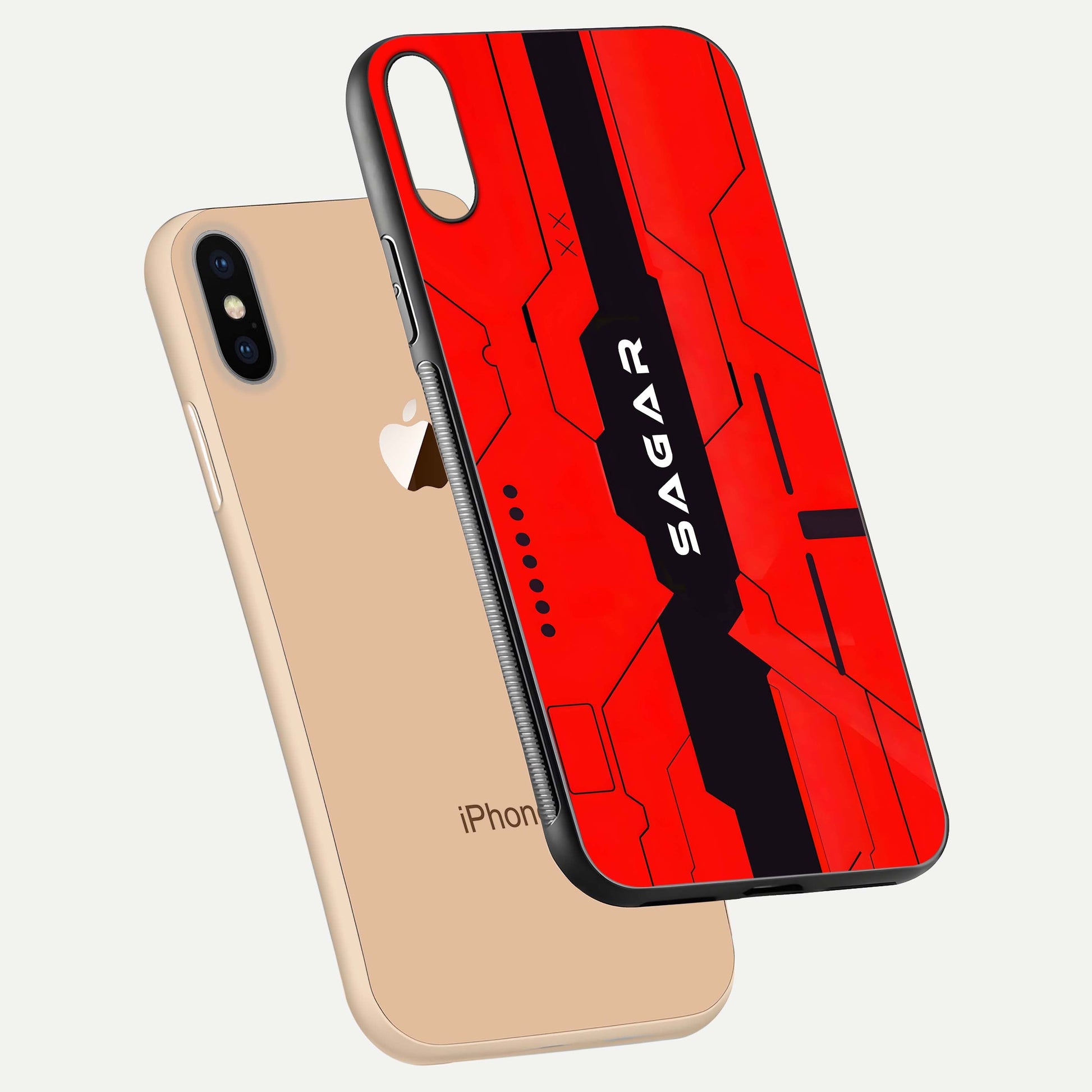 Voltage Rise CYBERPUNK Custom Name Glass Case for iPhone Xs floating dual-view mockup displaying gloss shine and lighting