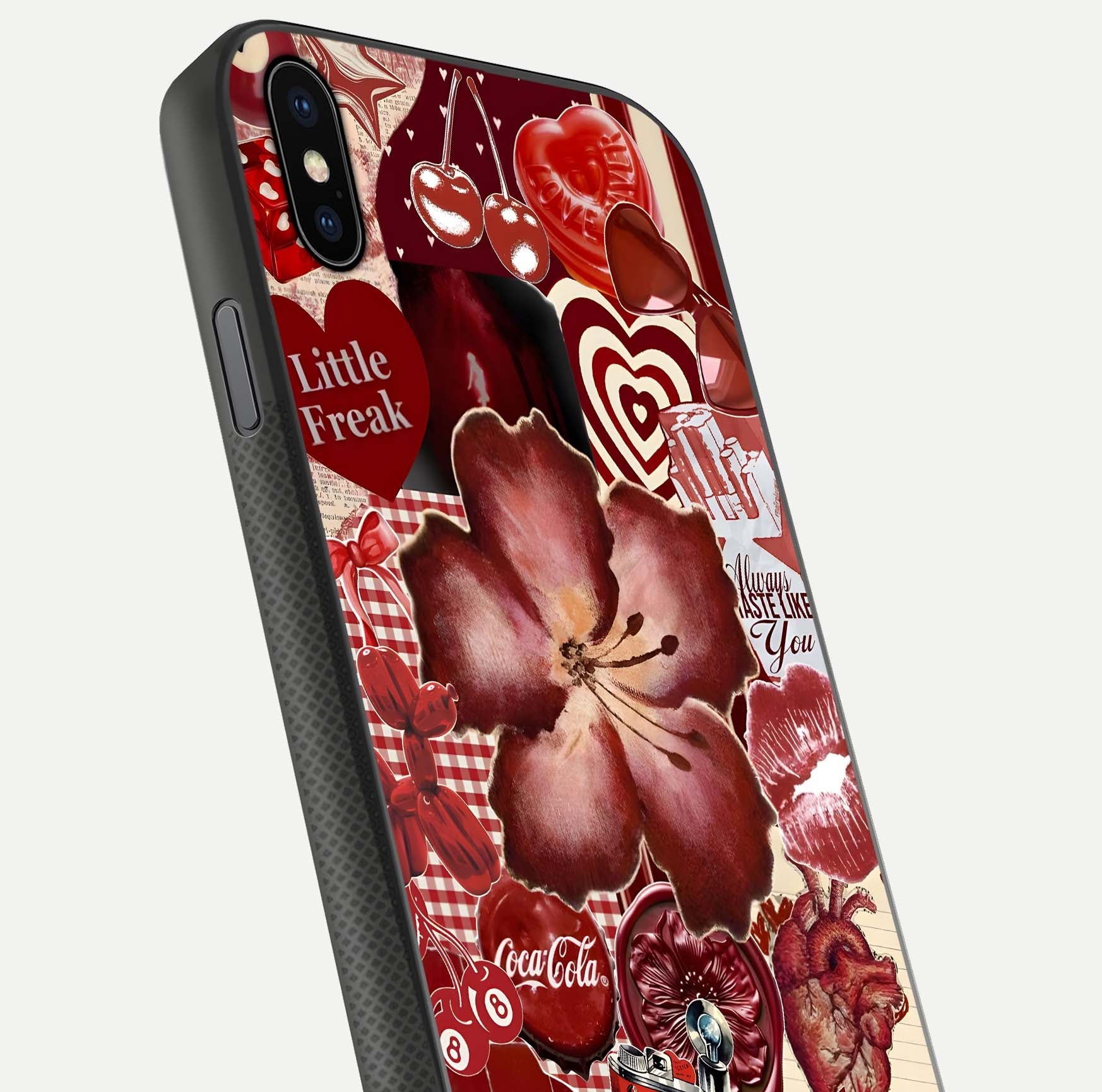 Aesthetic Little Freak Glass Case for iPhone 16 Pro close-up angled shot showing detailed artwork, bold design, and gloss reflection