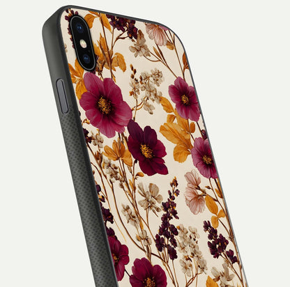 Autumn Wine Bloom Glass Case for iPhone 16 Pro close-up highlighting petal detail and gloss reflection