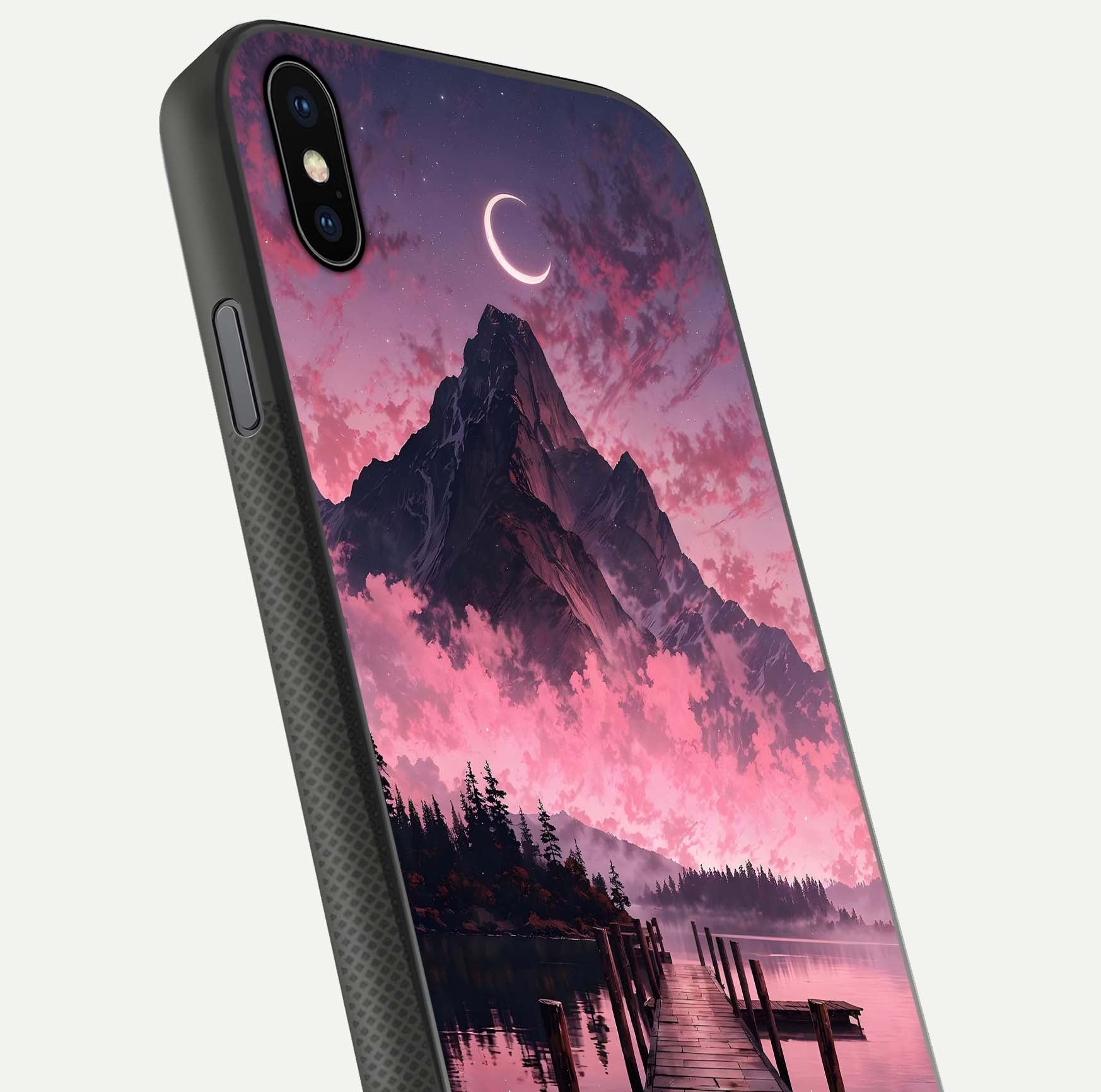 Beautyful Mountain View Glass Case for iPhone Xs Max close-up angle highlighting landscape details and shine