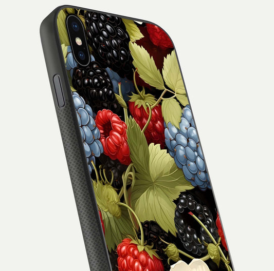 Berry Bloom Charm Glass Case for iPhone Xs Max close-up view highlighting berry color tones and fine petal detailing