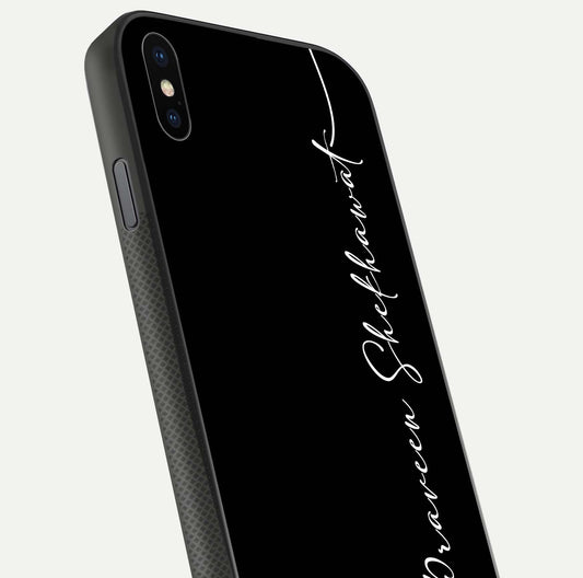 Black Tune Custom Name Glass Case for iPhone Xs Max close-up shot highlighting sleek monochrome design and reflection