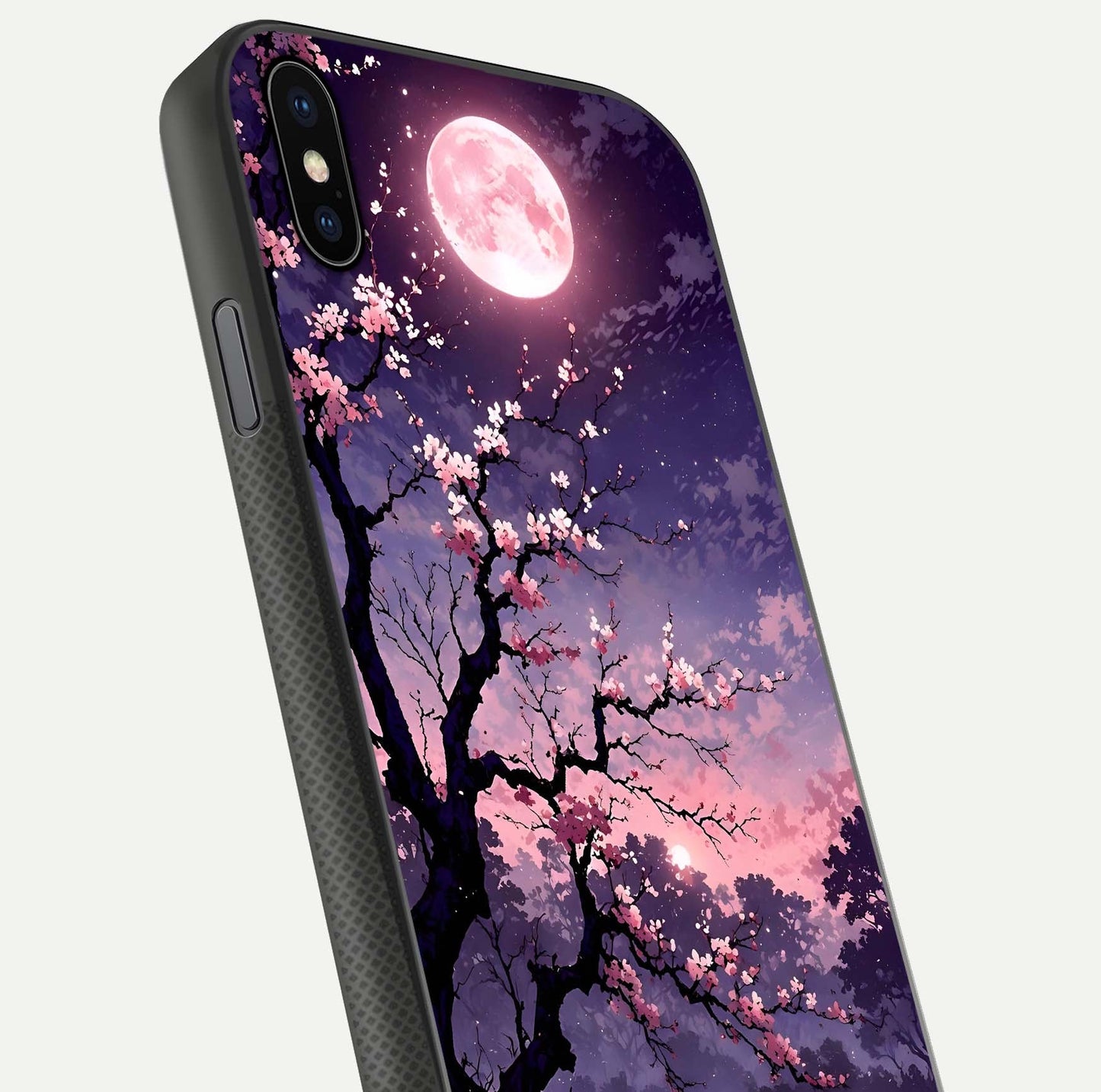 Blossom Pink Moon Glass Case for iPhone Xs Max close-up shot showing pink tones, moon highlight, and reflection gloss