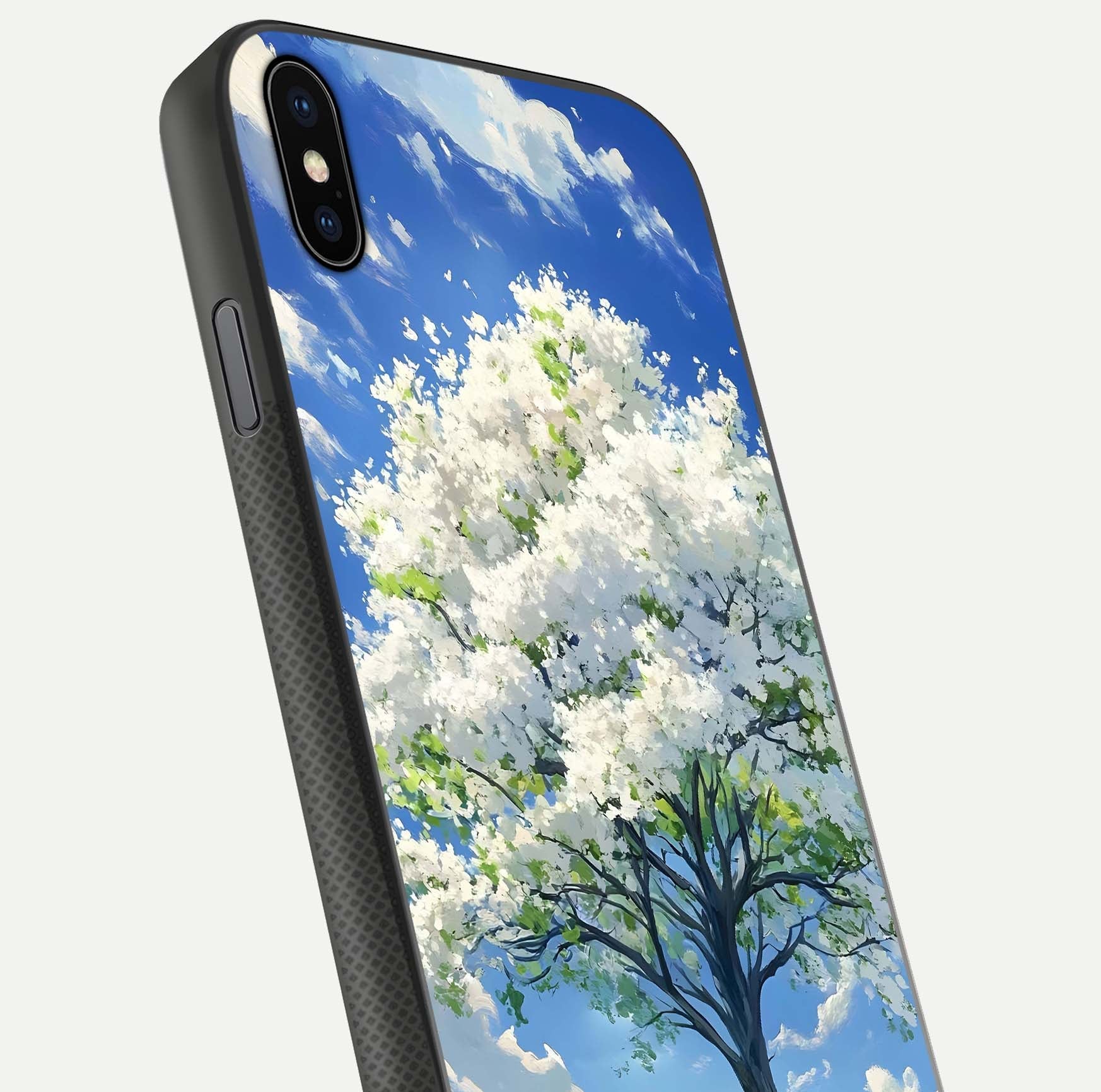 Blossom Sky Serenity Glass Case for iPhone Xs Max close-up highlighting calming flower details and reflection gloss