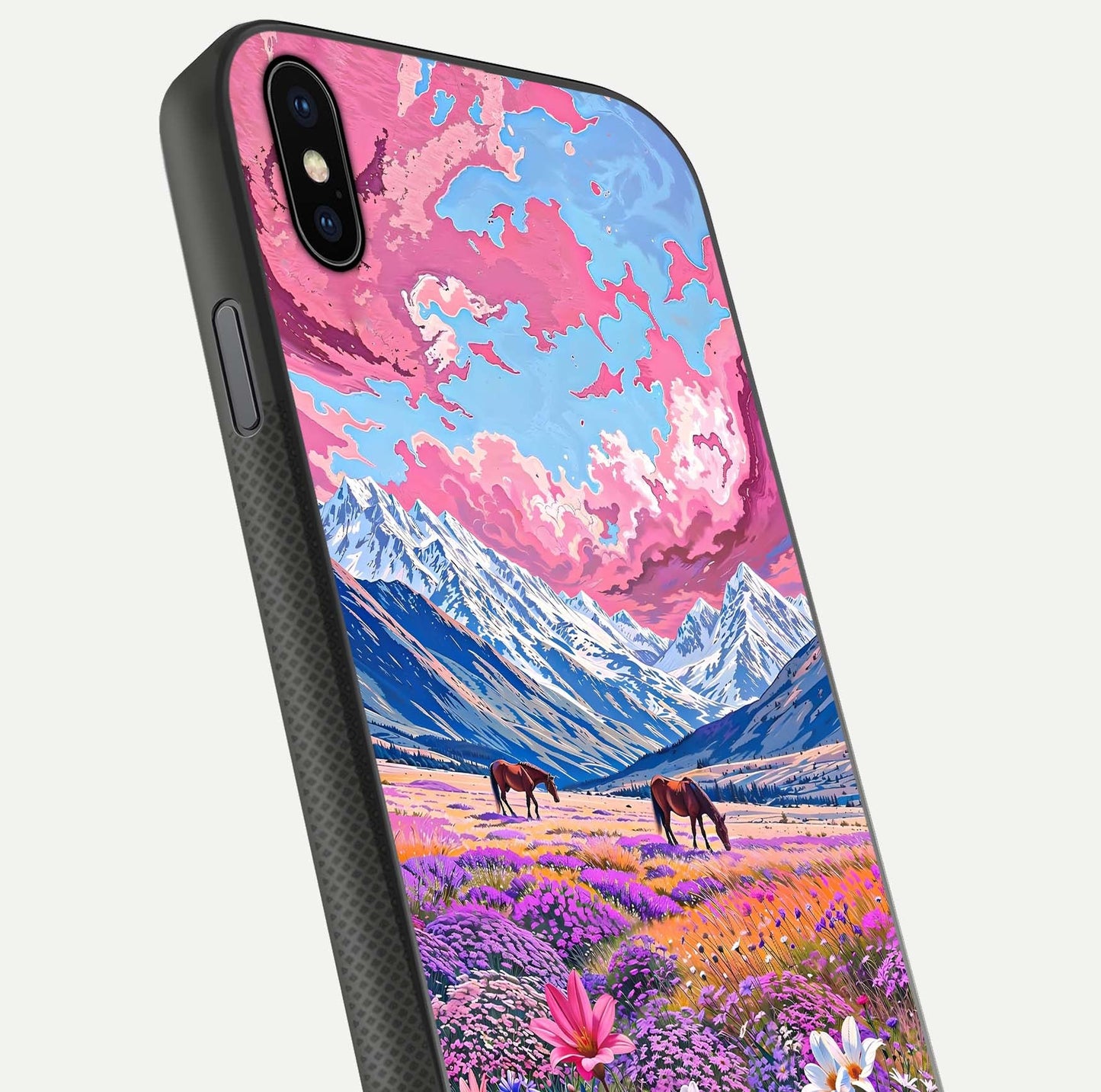 Blossom Valley Dream Glass Case for iPhone Xs Max close-up view showing detailed flower print and pastel hues