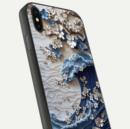 Blossom Wave Art Glass Case for iPhone Xs Max close-up shot highlighting wave motion in floral art and reflection