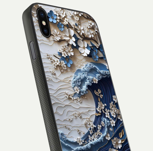 Blossom Wave Art Glass Case for iPhone Xs Max close-up shot highlighting wave motion in floral art and reflection