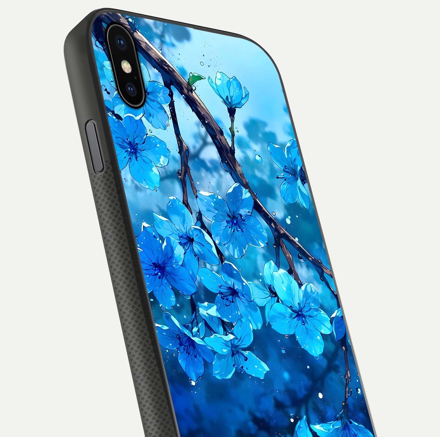 Blue Blossoms Branch Glass Case for iPhone Xs Max close-up angle highlighting petal details and reflection gloss