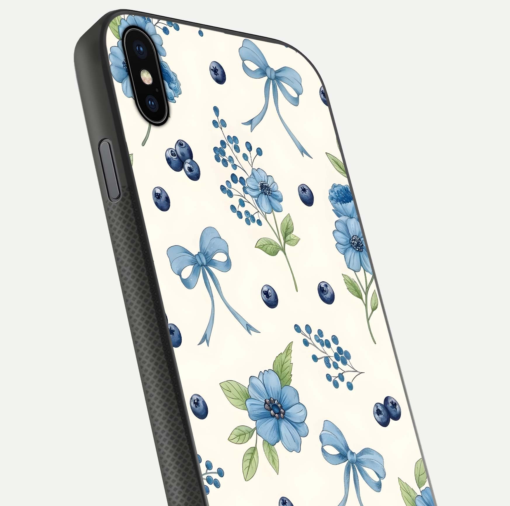 Blue Flower & Bow Glass Case for iPhone Xs Max close-up shot highlighting ribbon detail and flower gloss finish