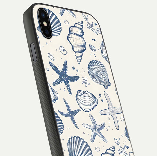 Blue Ocean Outline Glass Case for iPhone Xs Max close-up shot highlighting line art details and reflection texture