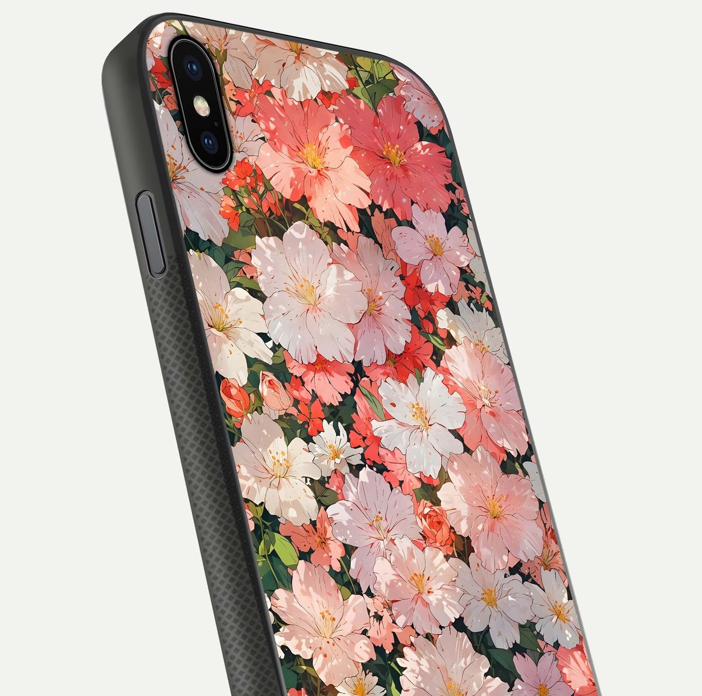 Blush Bloom Field Glass Case for iPhone Xs Max close-up shot capturing pastel flower field tones and gloss shine