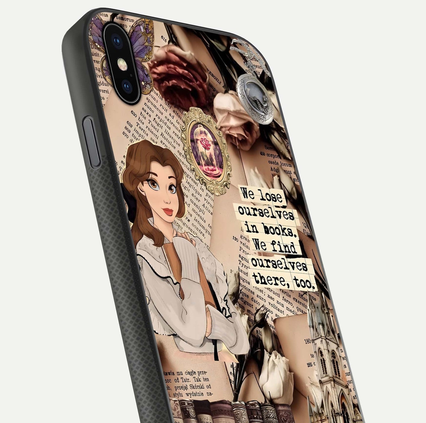 Bookish Dream World Glass Case for iPhone Xs Max close-up shot highlighting book elements and reflection gloss