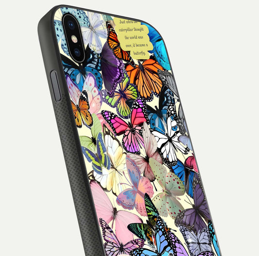 Butterflies Petal Dream Glass Case for iPhone Xs Max close-up highlighting butterfly wings and pink petal gloss