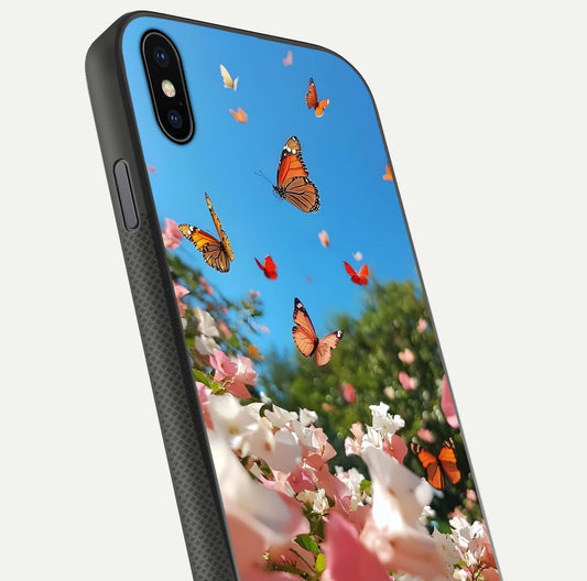 Butterflies in Bloom Sky Glass Case for iPhone Xs Max close-up shot showing wings, petal reflections, and soft hues