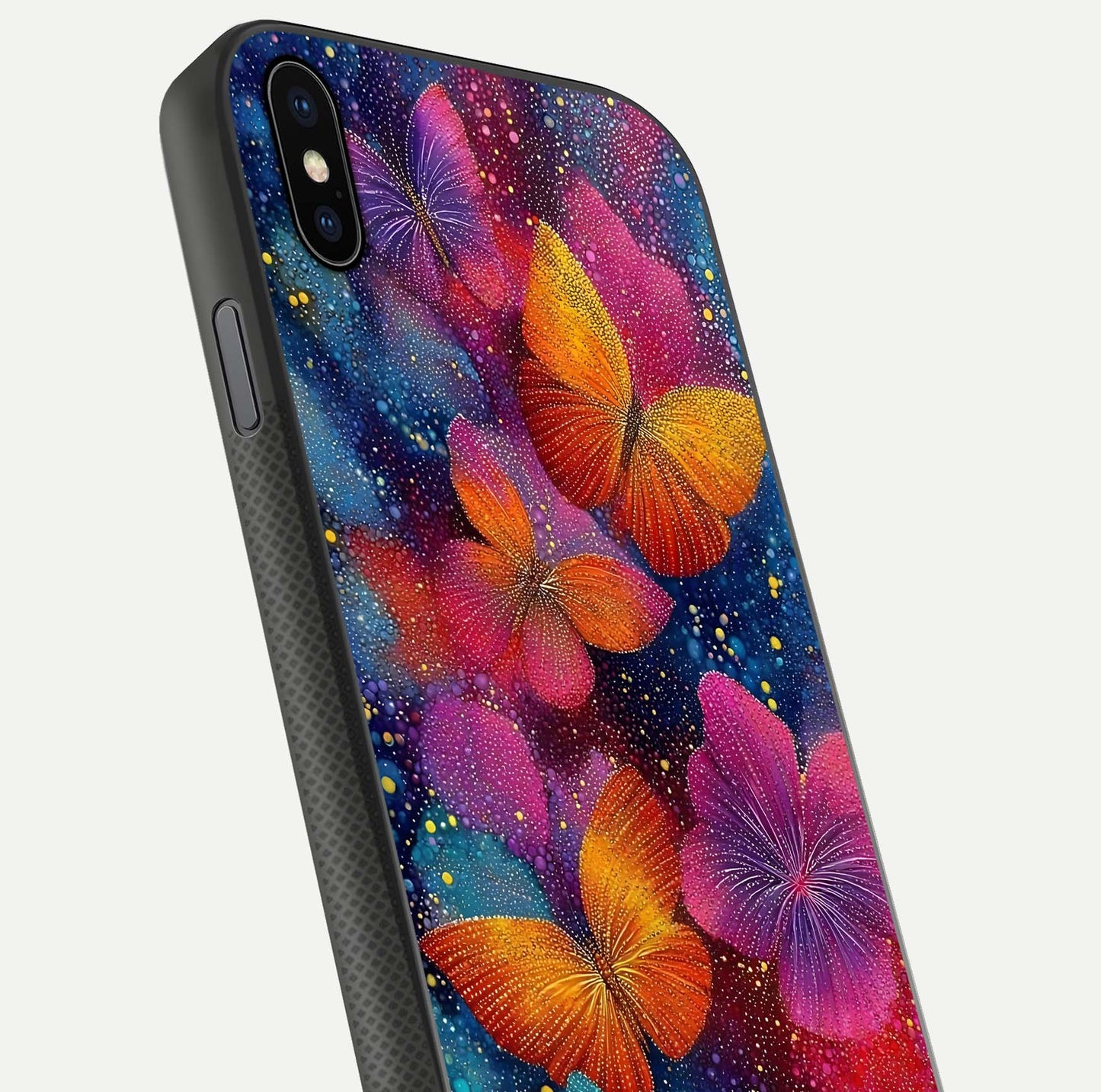 Butterfly Dream Mist Glass Case for iPhone Xs Max close-up capturing wing pattern detail and glossy finish texture
