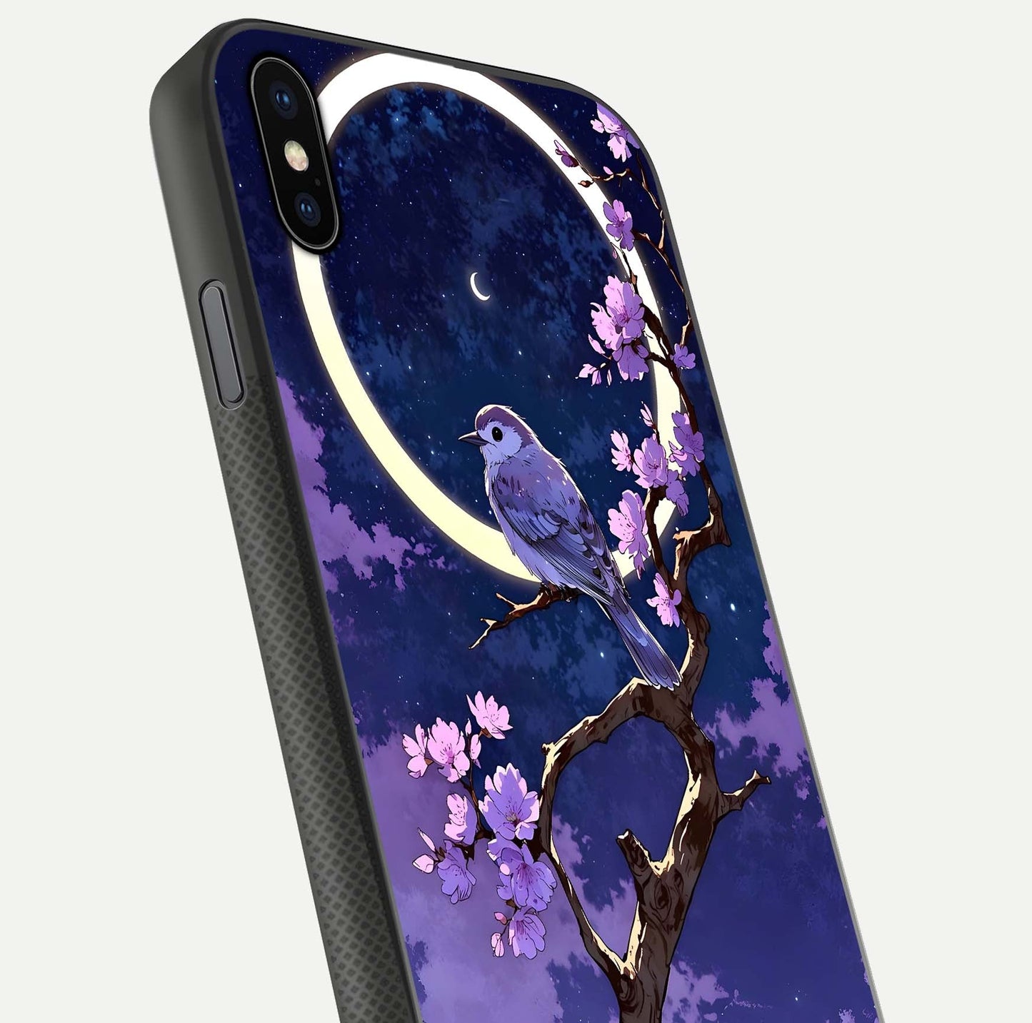 Celestial Bird Blossom Glass Case for iPhone Xs Max close-up capturing bird detail, petal reflection, and gloss shine