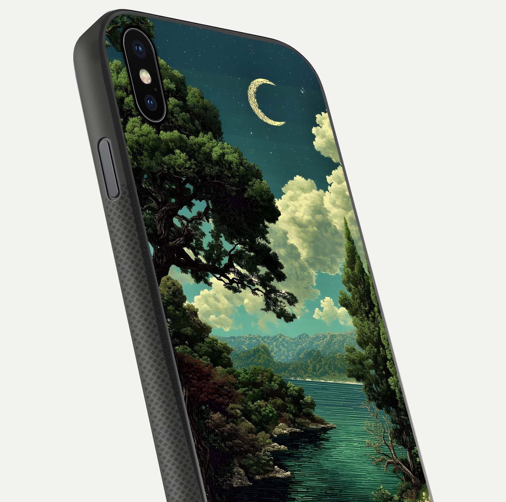 Celestial Lake Peace Glass Case for iPhone Xs Max close-up highlighting moon reflection and glossy texture