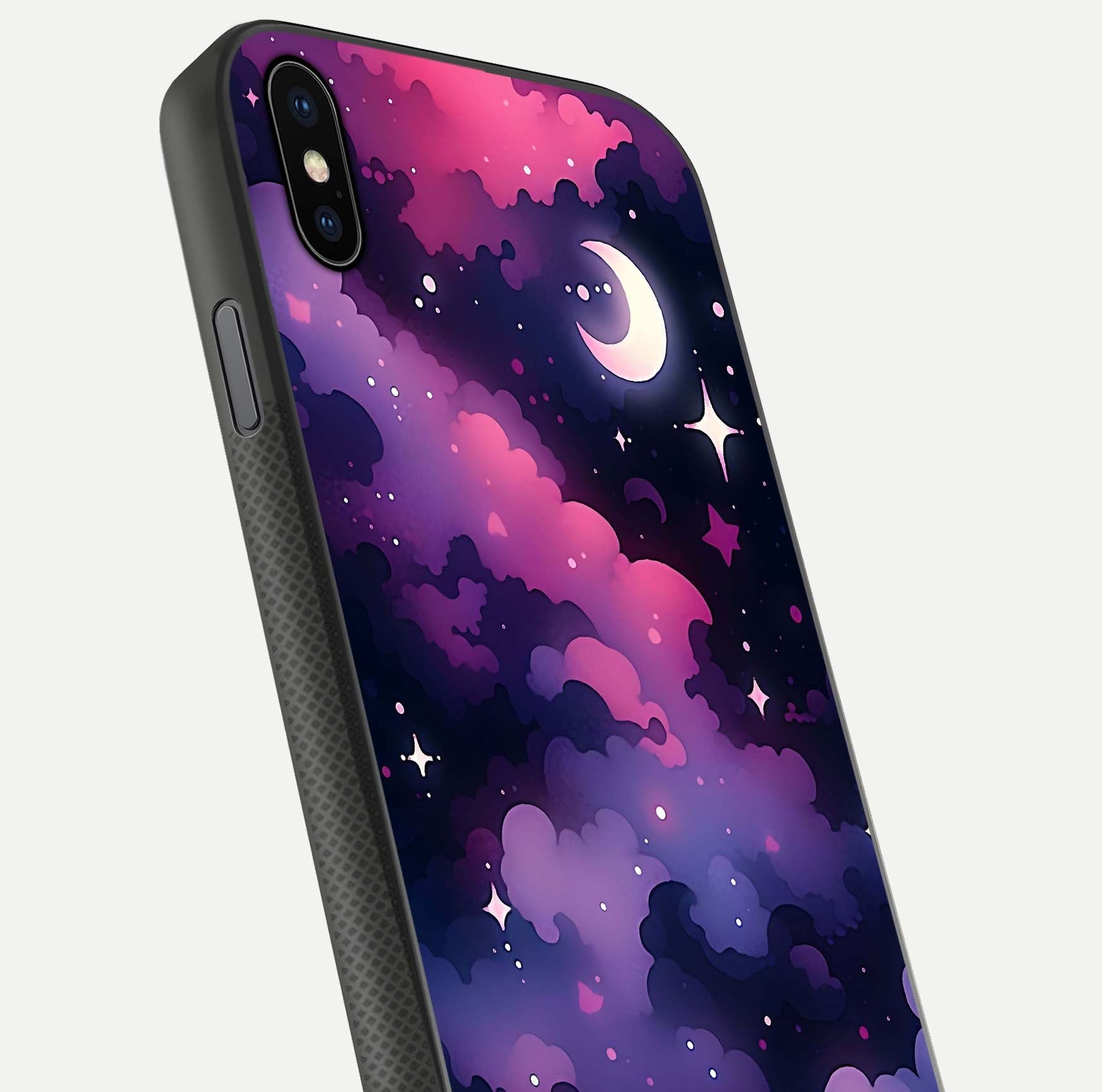 Celestial Moon Magic Glass Case for iPhone Xs Max close-up view highlighting moon crater detail and glass shine