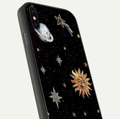Celestial Moon With Stars Glass Case for iPhone Xs Max close-up showing cosmic reflection and HD shine