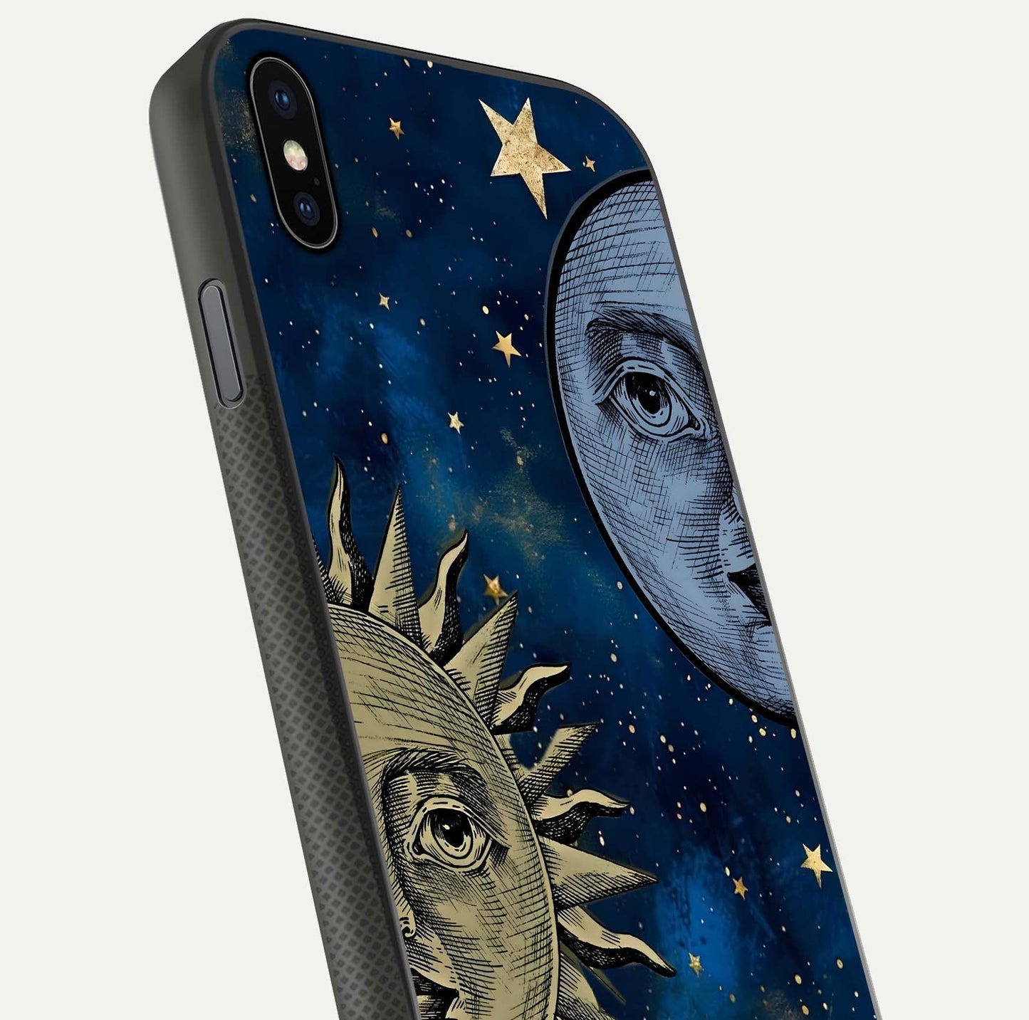 Celestial Moon With Sun Glass Case for iPhone Xs Max close-up highlighting fine celestial detail and polish reflection