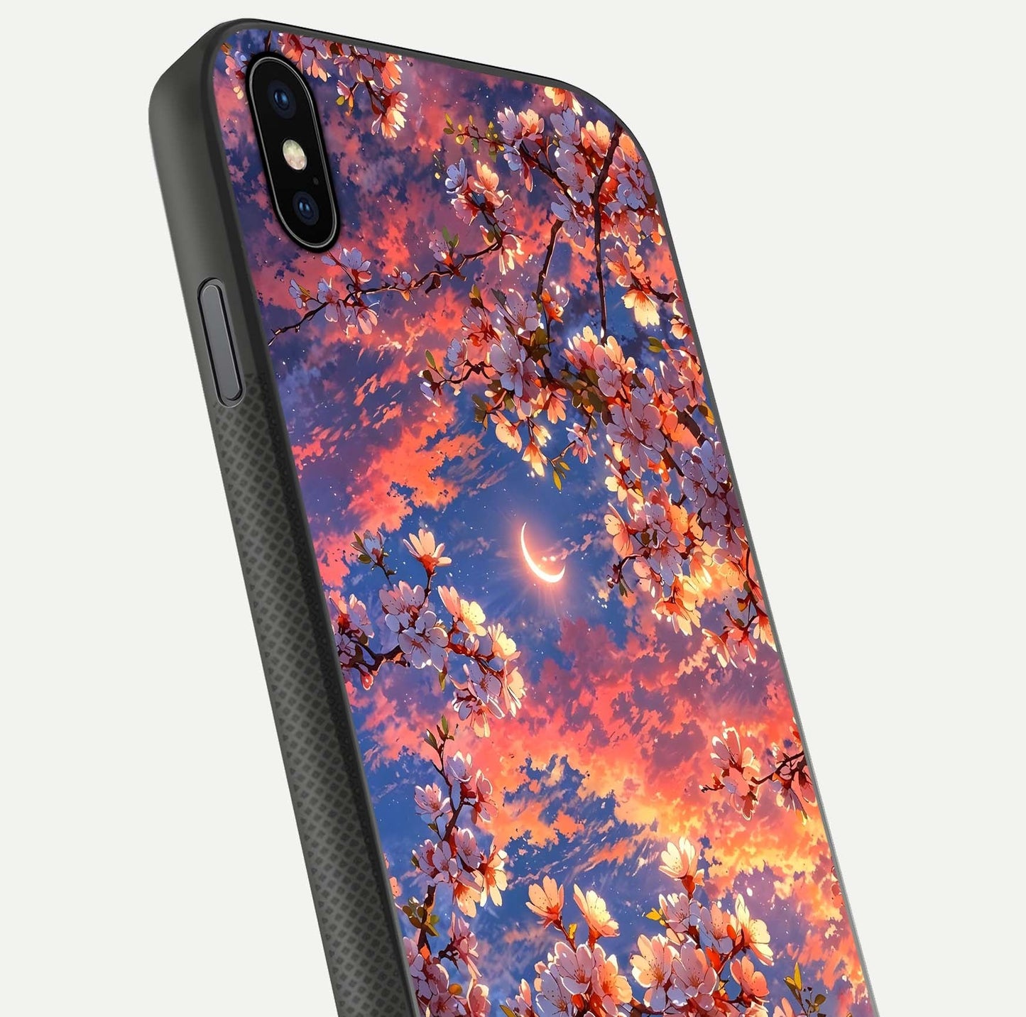 Celestial Sakura Sunset Glass Case for iPhone Xs Max close-up image highlighting blossom petals and gloss shine