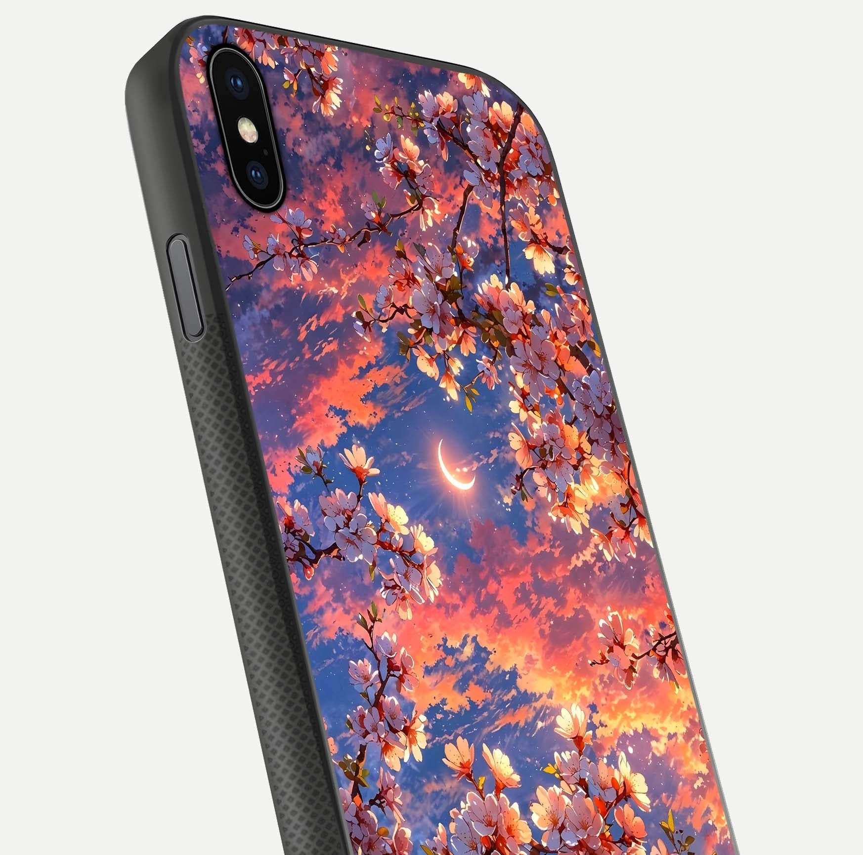 Celestial Sakura Sunset Glass Case for iPhone Xs Max close-up image highlighting blossom petals and gloss shine