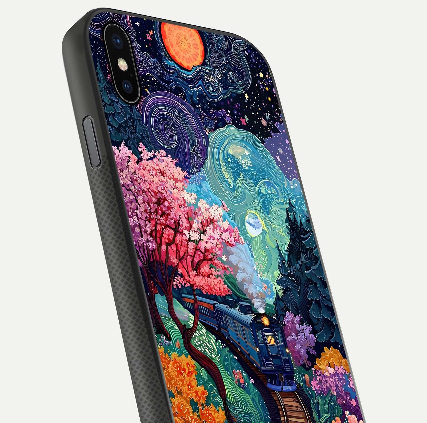 Celestial Train Journey Glass Case for iPhone Xs Max close-up highlighting train lights, cosmic tones, and reflection detail