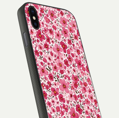 Cherry Blossom Charm Glass Case for iPhone Xs Max close-up highlighting petal gradient and reflection shine