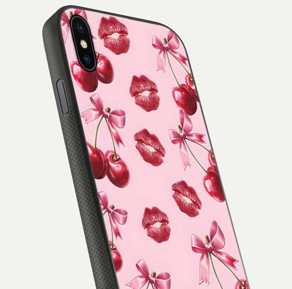 Cherry With Lips Glass Case for iPhone Xs Max close-up view highlighting lips texture and reflection shine
