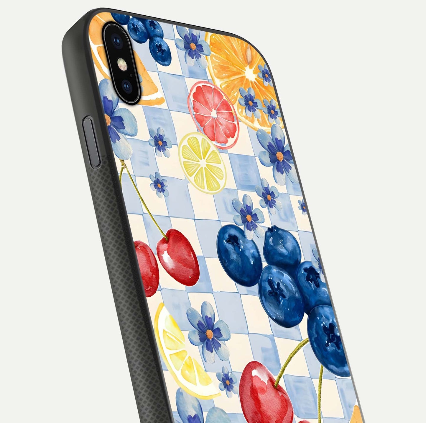 Citrus Bloom Joy Glass Case for iPhone Xs Max close-up highlighting orange blossoms and reflection detail