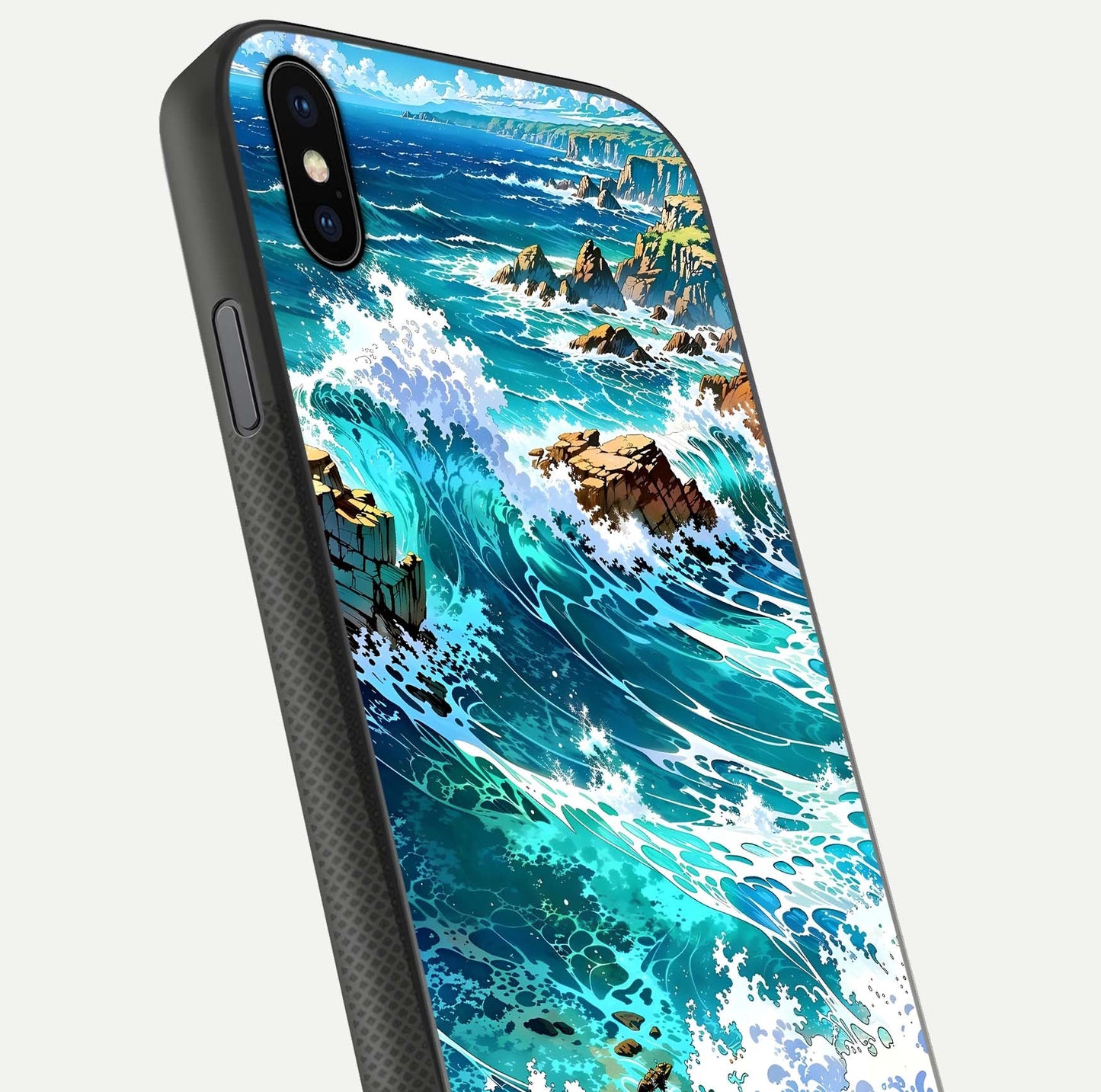 Coastal Blue Waves Glass Case for iPhone Xs Max close-up highlighting wave texture and blue shine
